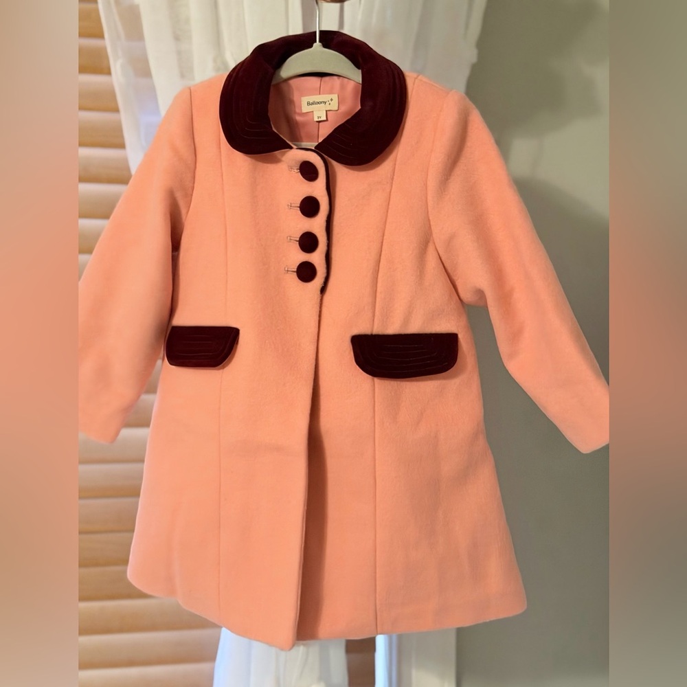 Boutique Girls’ Wool Coat – Pink with Velvet Details
